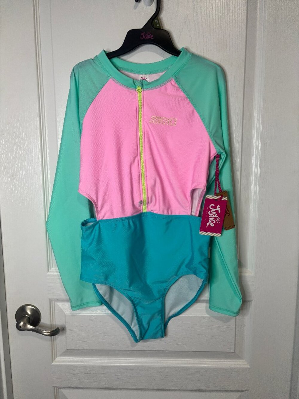 Justice Girls Long Sleeve Surf Swimsuit 1-Piece-Teal, Long Sleeve XL (16/18)-NEW